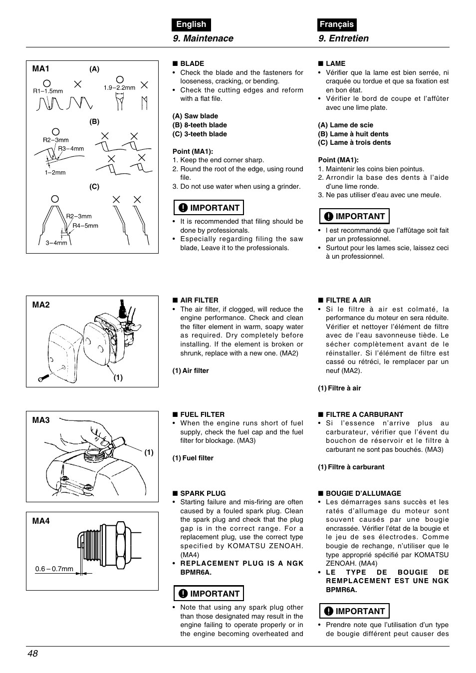 Maintenace 9. entretien 48 | Zenoah BC535DLM User Manual | Page 48 / 60