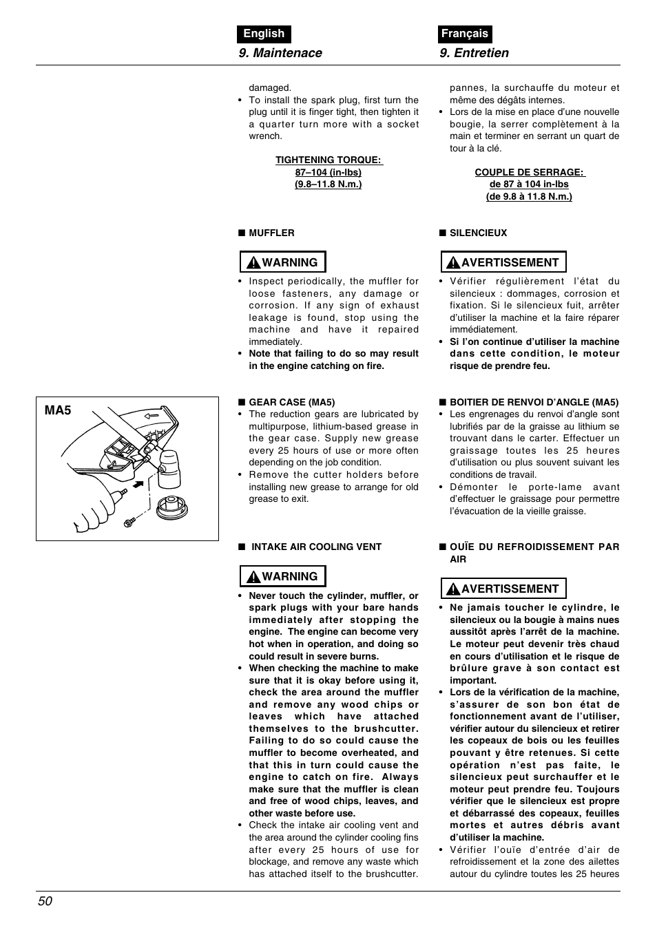 Maintenace 9. entretien 50 | Zenoah BC535DLM User Manual | Page 50 / 60