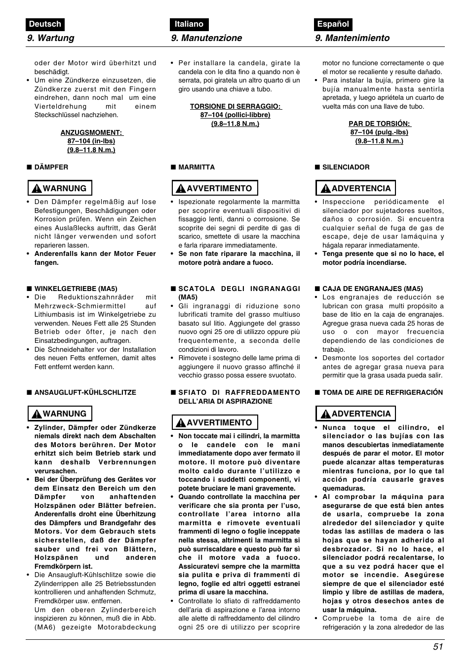 Wartung 9. manutenzione 9. mantenimiento 51 | Zenoah BC535DLM User Manual | Page 51 / 60