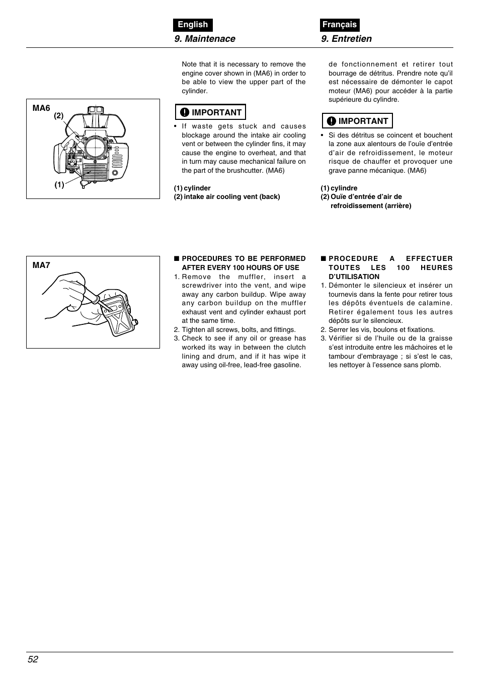 Maintenace 9. entretien 52 | Zenoah BC535DLM User Manual | Page 52 / 60