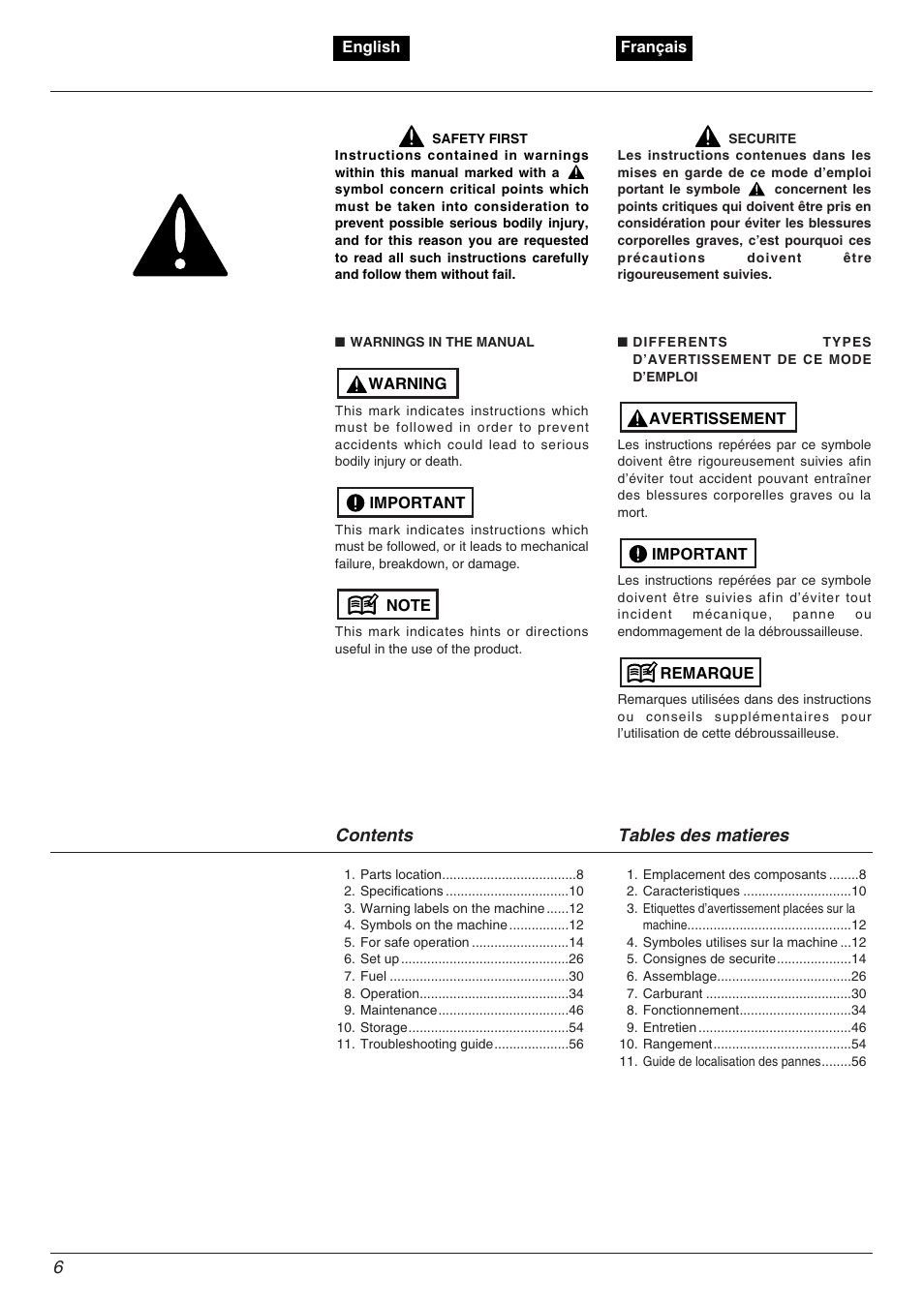 Contents tables des matieres 6 | Zenoah BC535DLM User Manual | Page 6 / 60