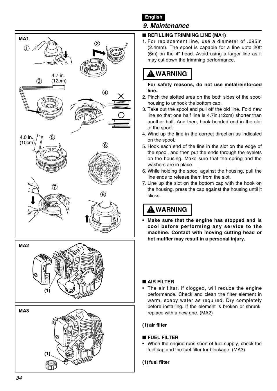 Maintenance, Warning | Zenoah BCZ2610S User Manual | Page 34 / 64