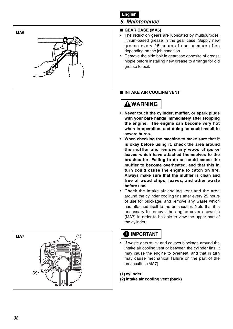 Maintenance, Important warning | Zenoah BCZ2610S User Manual | Page 38 / 64