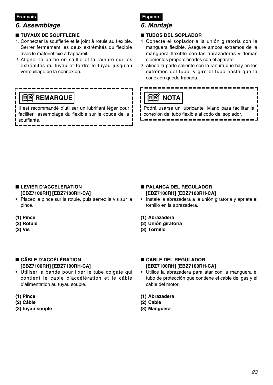 Assemblage 6. montaje, Remarque, Nota | Zenoah EBZ7100-CA User Manual | Page 23 / 60