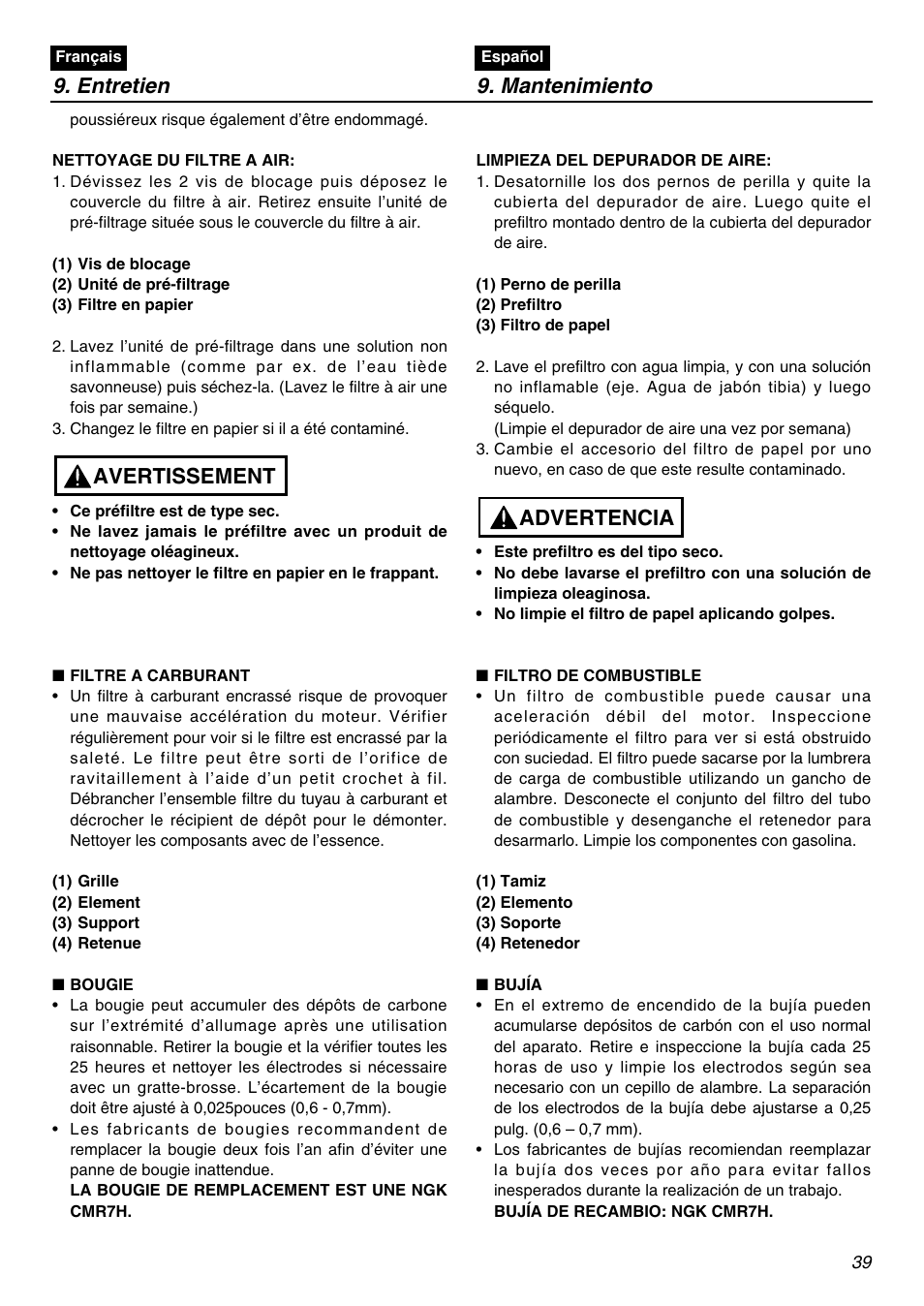 Entretien 9. mantenimiento, Avertissement, Advertencia | Zenoah EBZ7100-CA User Manual | Page 39 / 60