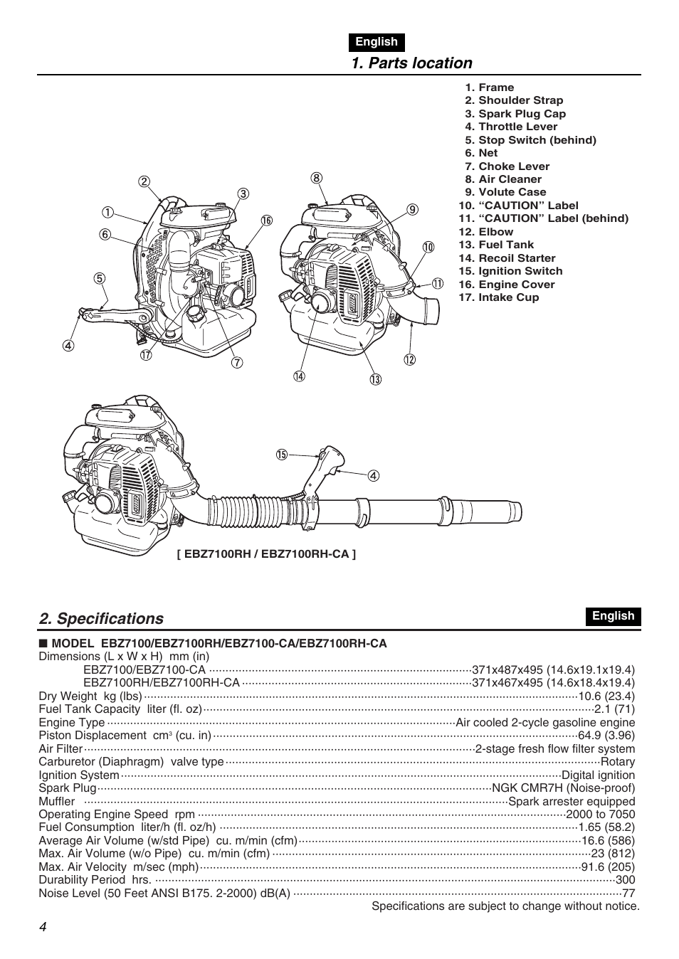 Parts location, Specifications | Zenoah EBZ7100-CA User Manual | Page 4 / 60