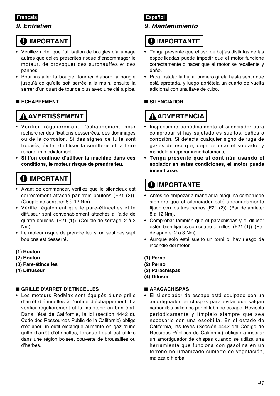 Entretien 9. mantenimiento, Important avertissement important, Importante advertencia importante | Zenoah EBZ7100-CA User Manual | Page 41 / 60