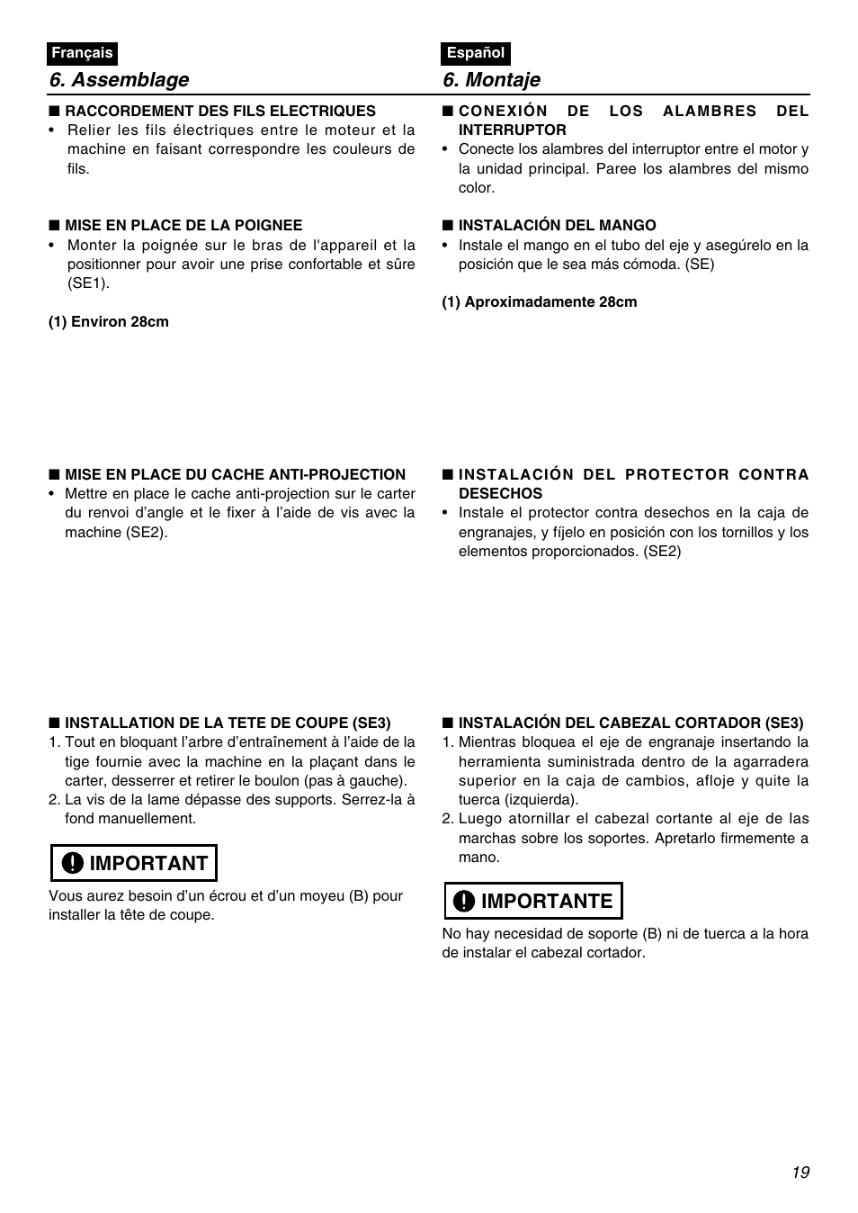 Assemblage 6. montaje, Important, Importante | Zenoah TR2300 User Manual | Page 19 / 64
