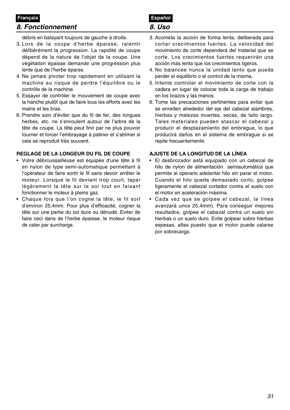 Fonctionnement 8. uso | Zenoah TR2300 User Manual | Page 31 / 64