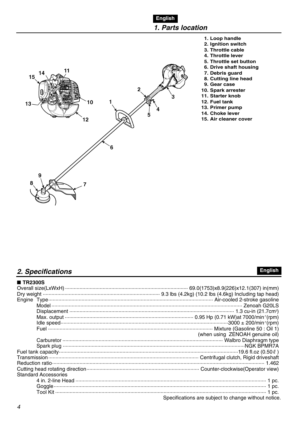 Parts location, Specifications | Zenoah TR2300 User Manual | Page 4 / 64