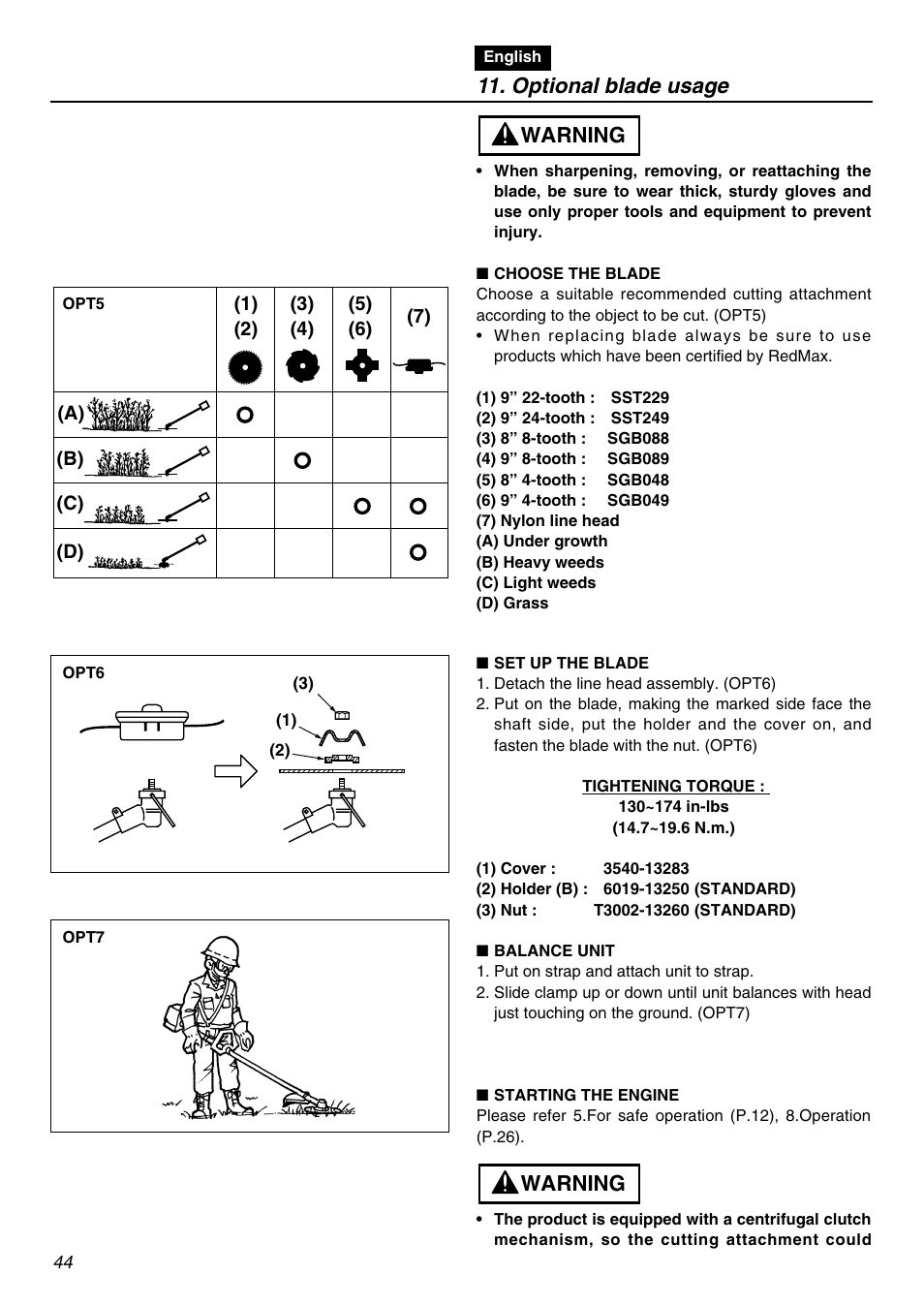 Warning, Optional blade usage | Zenoah TR2300 User Manual | Page 44 / 64