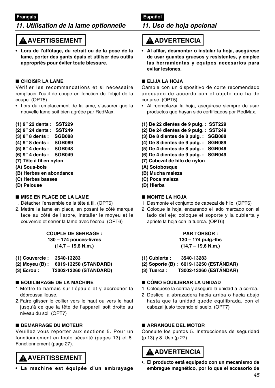 Avertissement, Advertencia | Zenoah TR2300 User Manual | Page 45 / 64