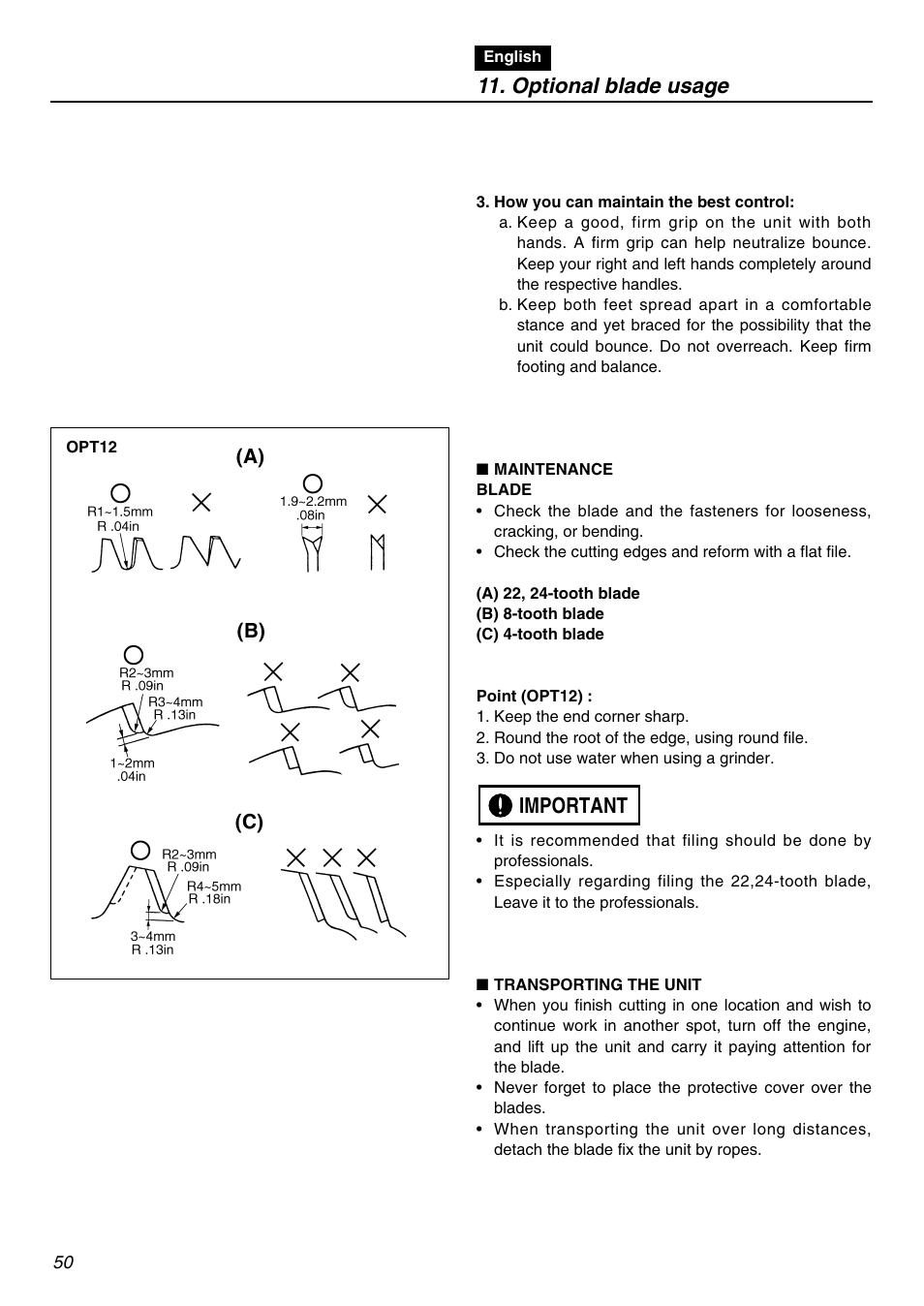 Important 11. optional blade usage | Zenoah TR2300 User Manual | Page 50 / 64