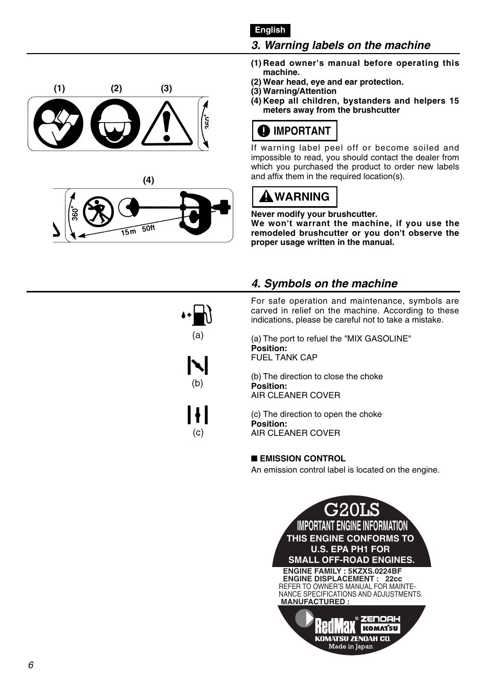 Important engine information, Warning labels on the machine, Warning important 4. symbols on the machine | Zenoah TR2300 User Manual | Page 6 / 64