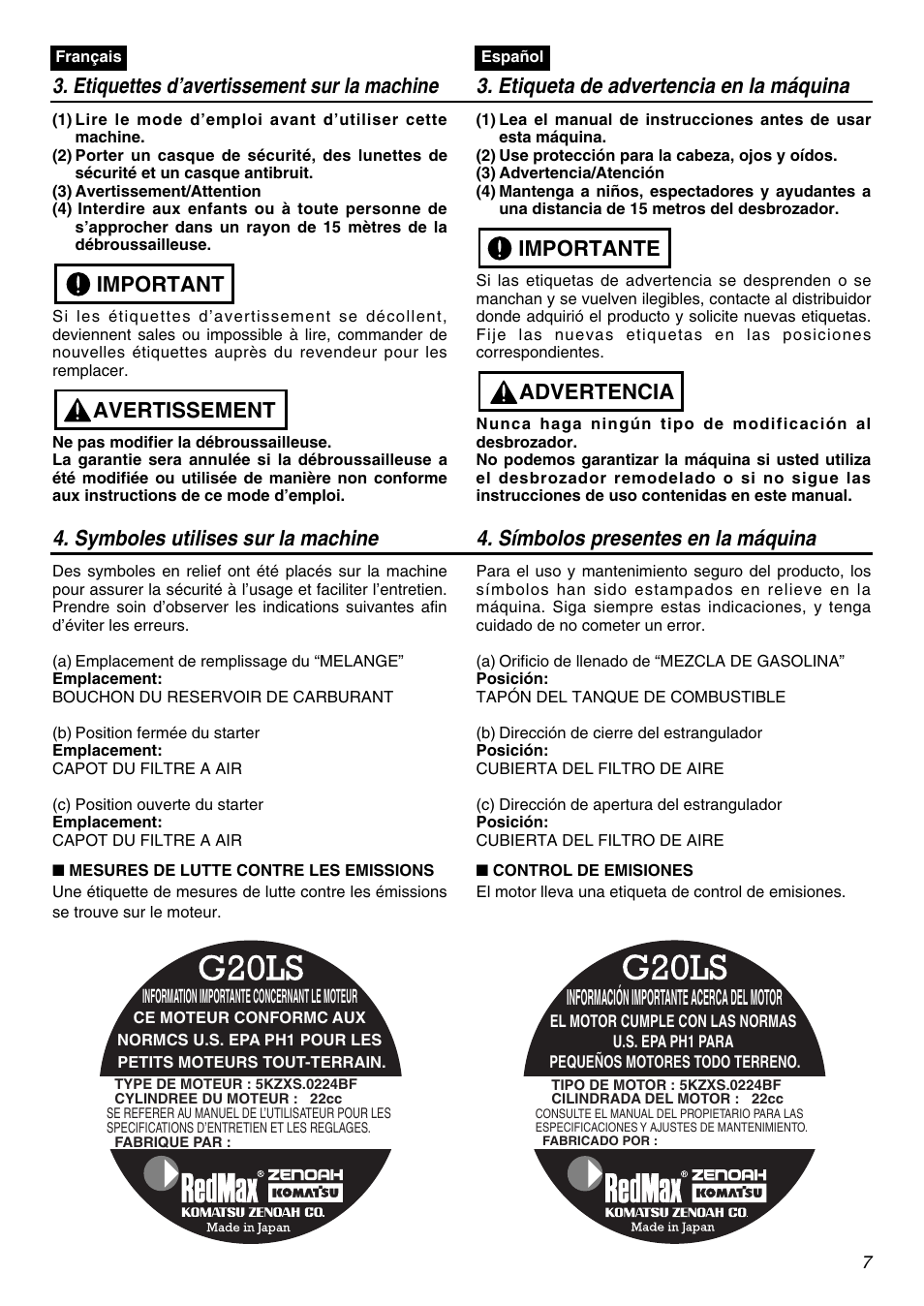 Avertissement important, Advertencia importante, Información importante acerca del motor | Zenoah TR2300 User Manual | Page 7 / 64