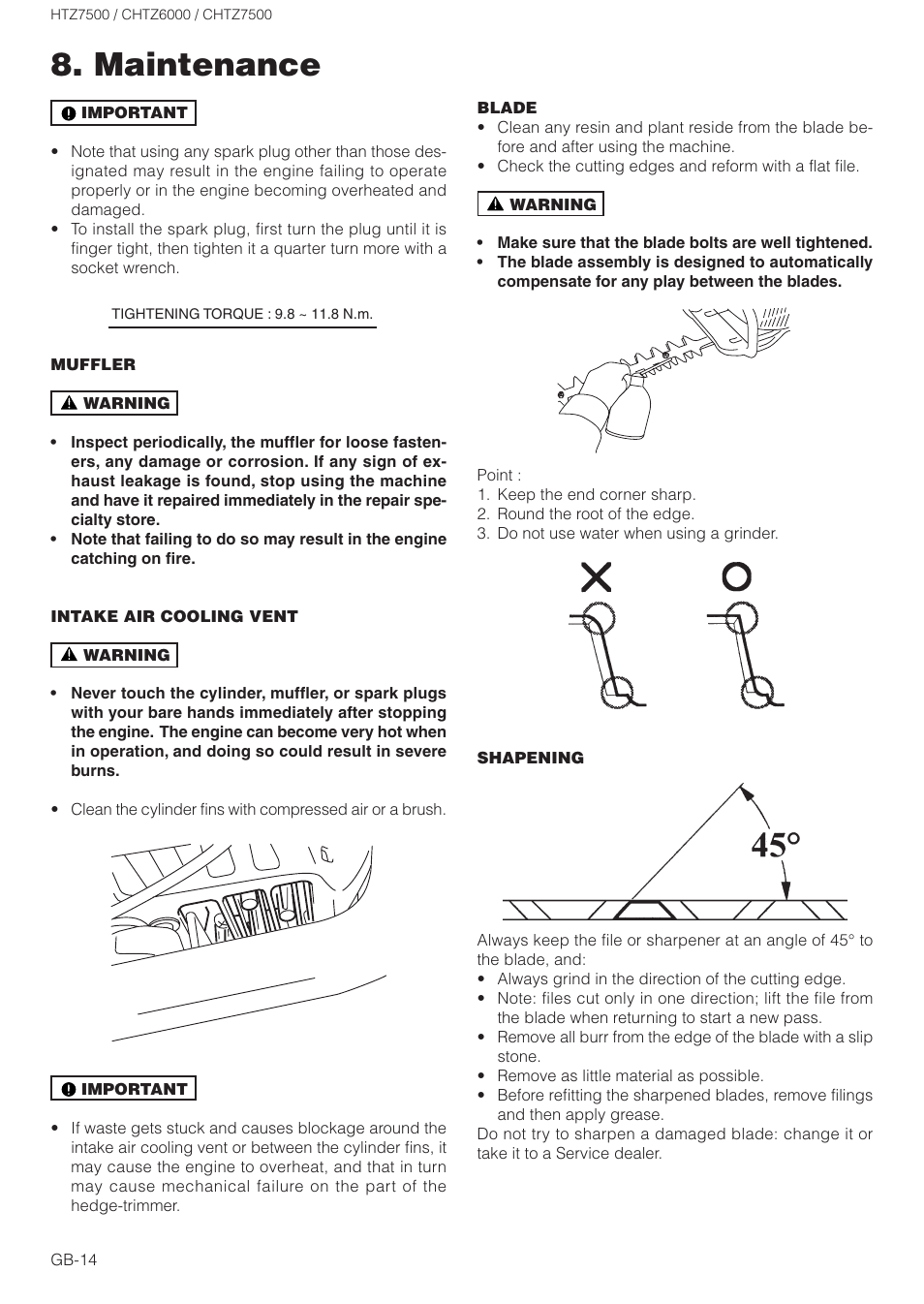 Maintenance | Zenoah HTZ7500 User Manual | Page 14 / 16