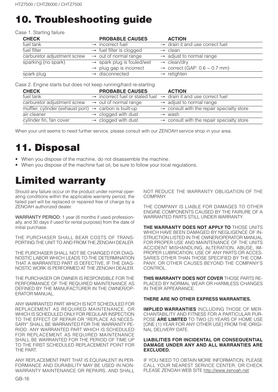 Limited warranty, Disposal, Troubleshooting guide | Zenoah HTZ7500 User Manual | Page 16 / 16