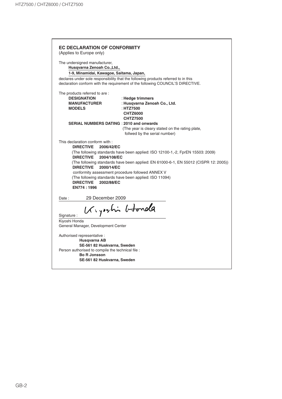 Zenoah HTZ7500 User Manual | Page 2 / 16