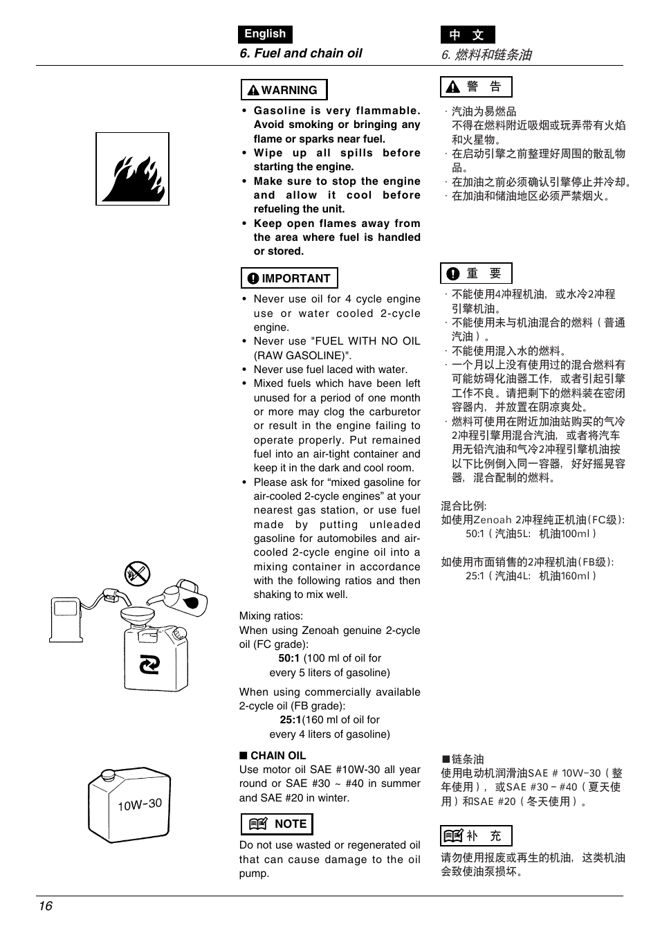 燃料和链条油 | Zenoah PSJ2300 User Manual | Page 16 / 28