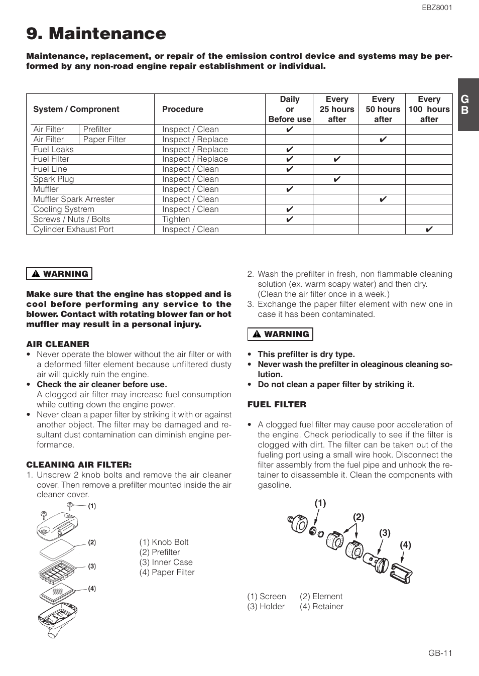 Maintenance | Zenoah EBZ8001 User Manual | Page 11 / 14