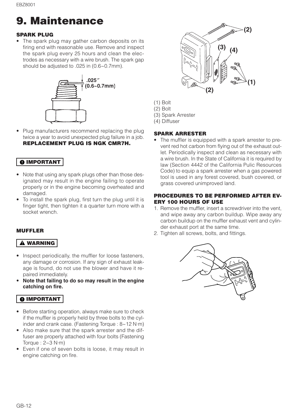 Maintenance | Zenoah EBZ8001 User Manual | Page 12 / 14