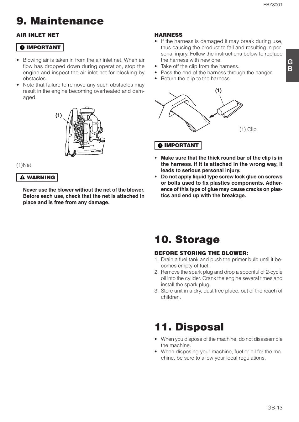 Maintenance 10. storage, Disposal | Zenoah EBZ8001 User Manual | Page 13 / 14