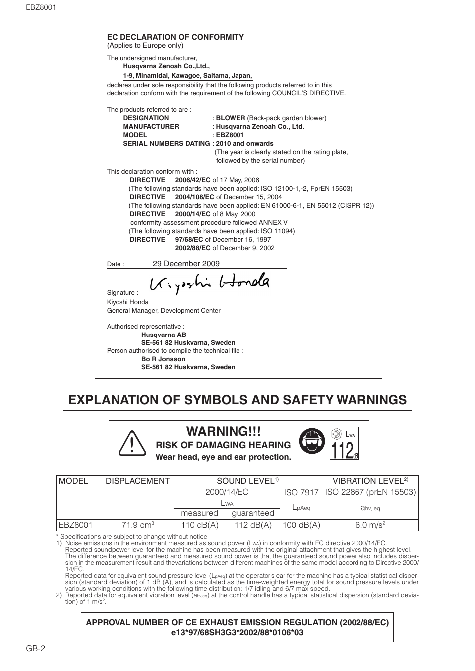 Explanation of symbols and safety warnings warning, Risk of damaging hearing | Zenoah EBZ8001 User Manual | Page 2 / 14