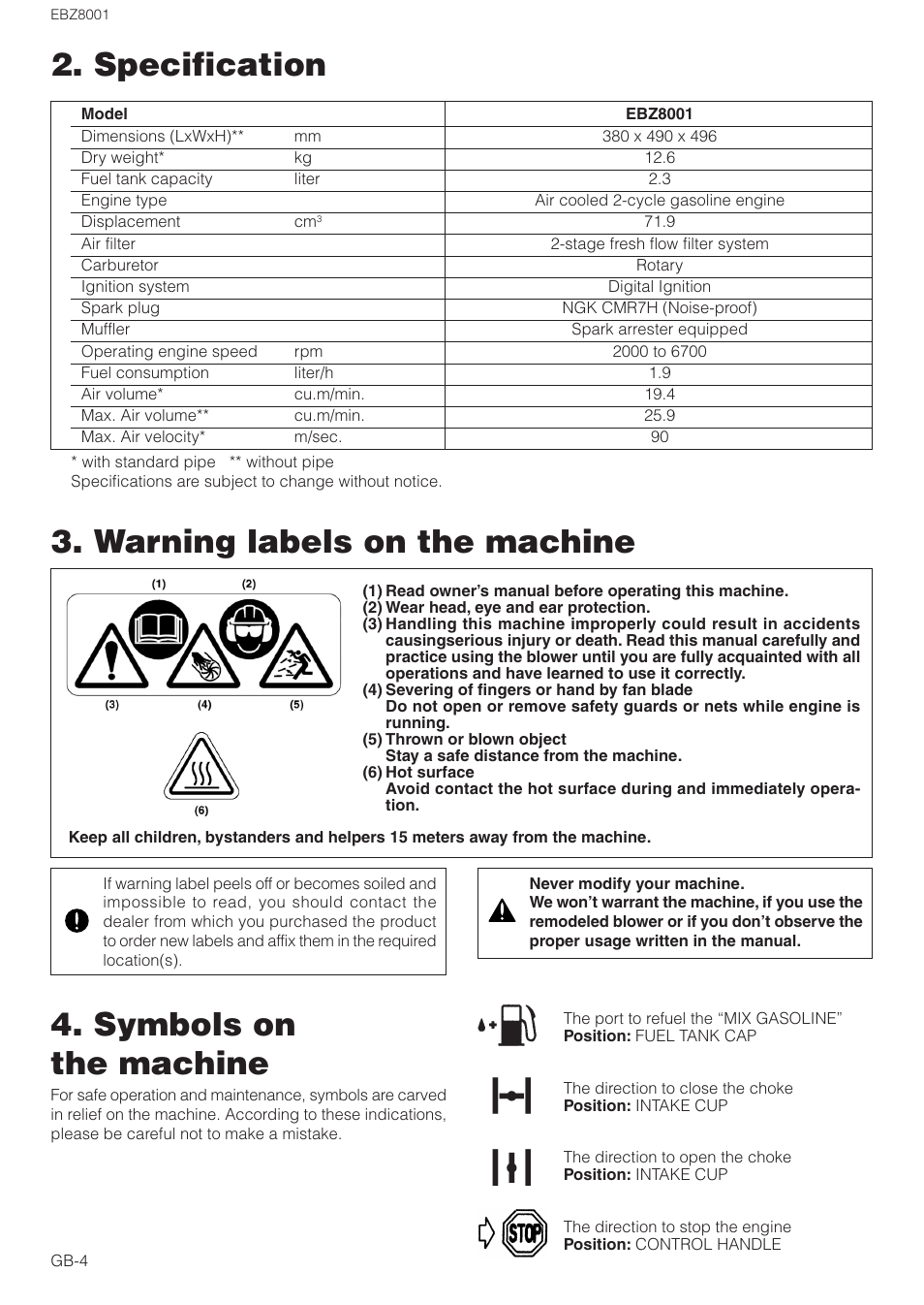 Specification 3. warning labels on the machine, Symbols on the machine | Zenoah EBZ8001 User Manual | Page 4 / 14