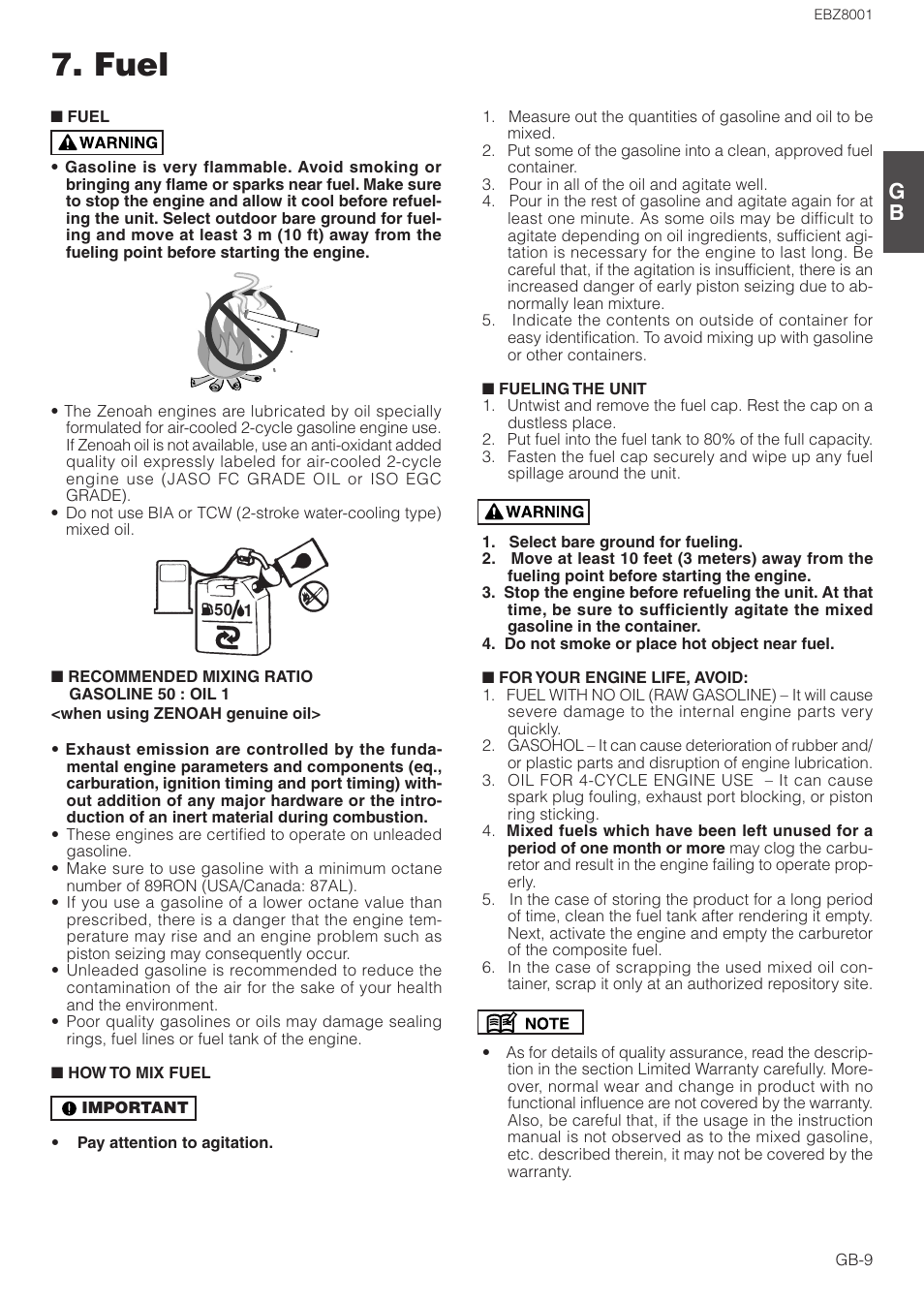 Fuel | Zenoah EBZ8001 User Manual | Page 9 / 14