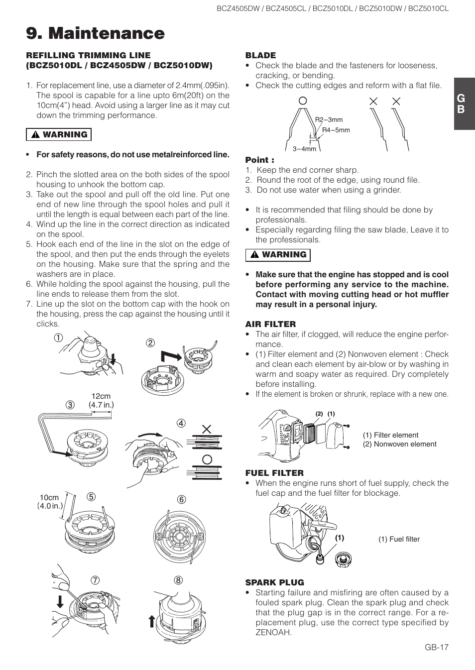 Maintenance | Zenoah BCZ5010DL User Manual | Page 17 / 19