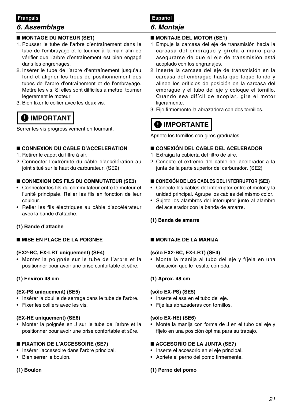 Assemblage 6. montaje, Important, Importante | Zenoah EXZ2401S User Manual | Page 21 / 112