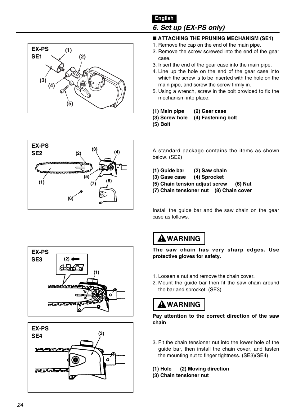 Set up (ex-ps only), Warning | Zenoah EXZ2401S User Manual | Page 24 / 112