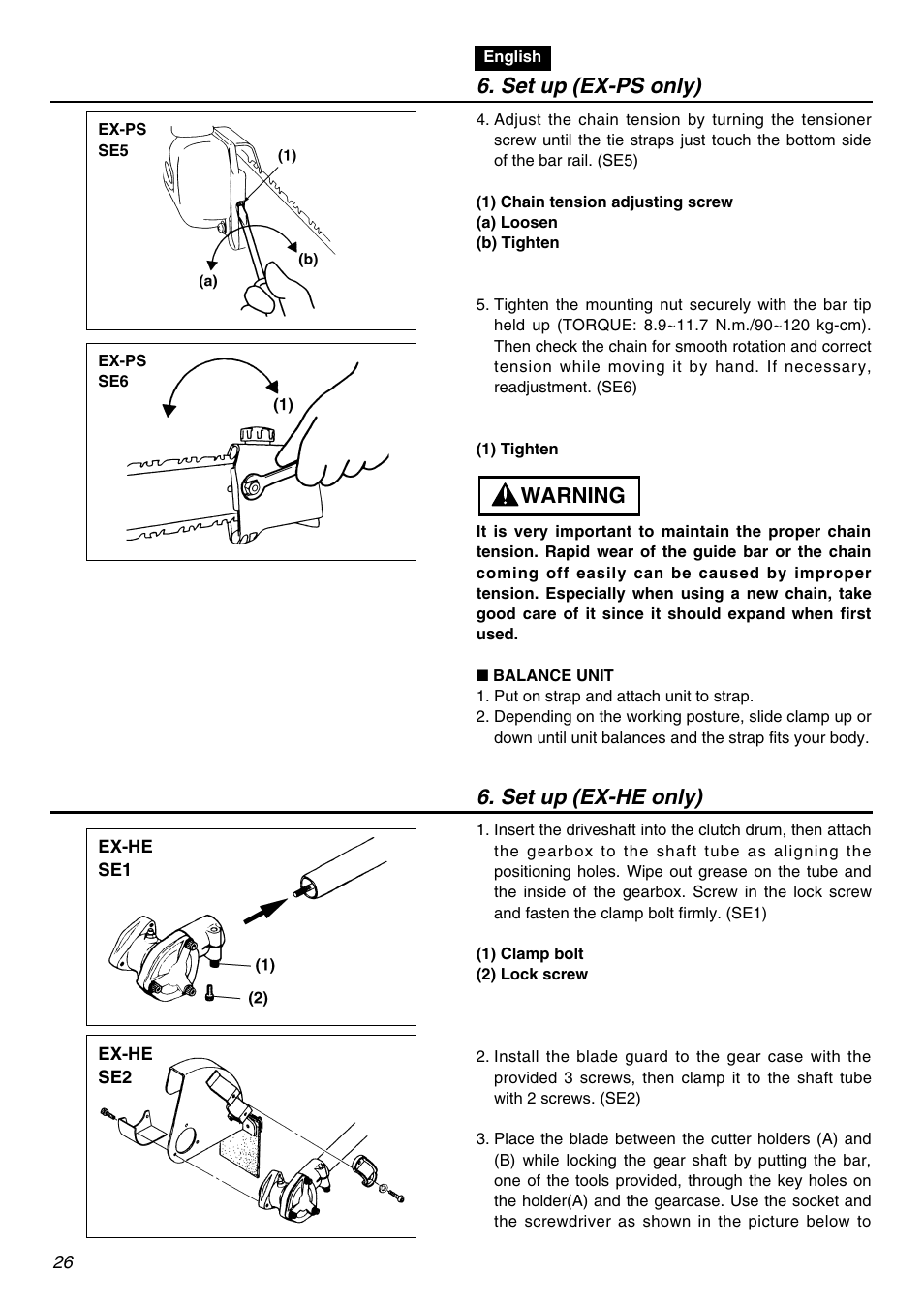 Warning 6. set up (ex-ps only), Set up (ex-he only) | Zenoah EXZ2401S User Manual | Page 26 / 112