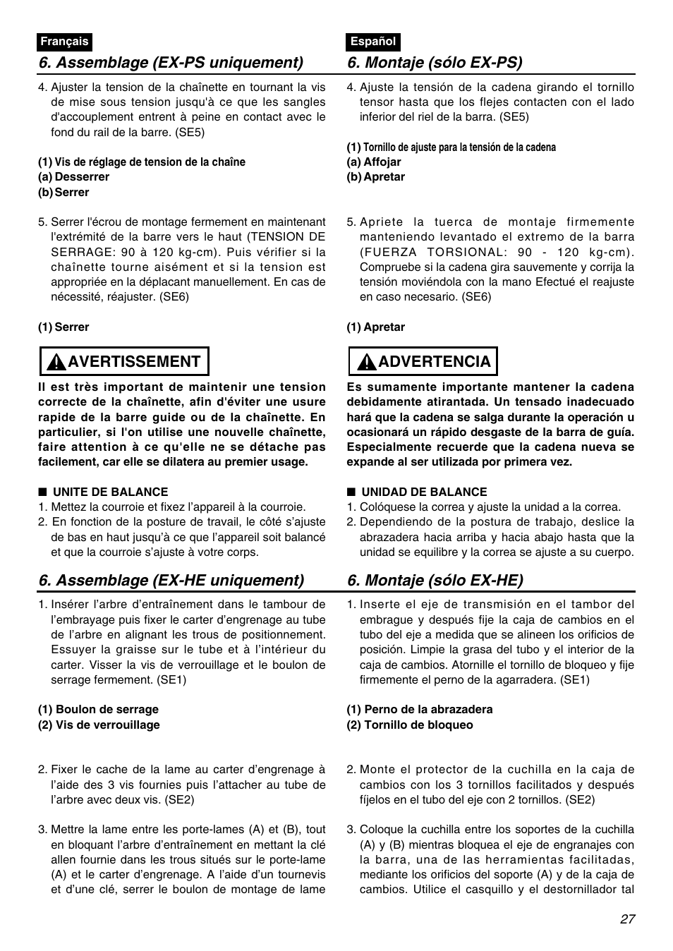 Avertissement | Zenoah EXZ2401S User Manual | Page 27 / 112