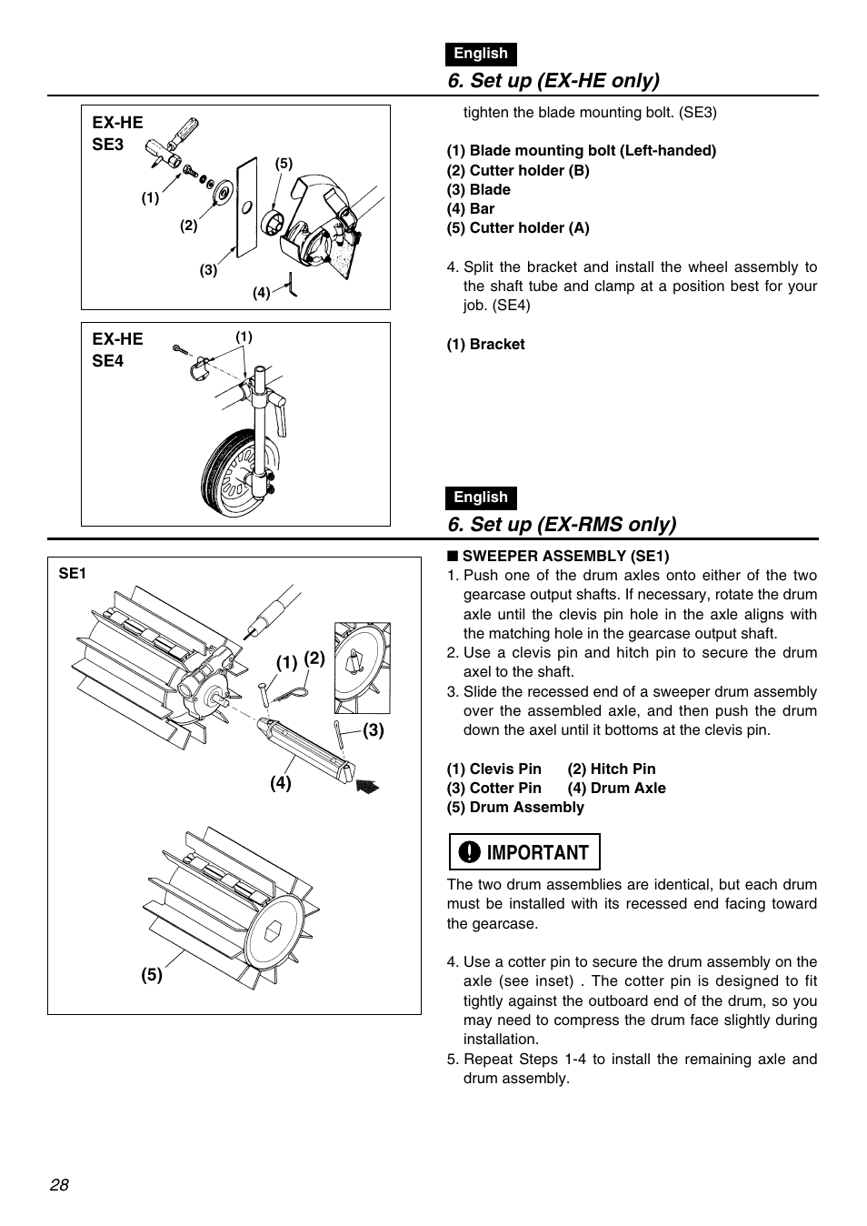 Set up (ex-he only), Set up (ex-rms only), Important | Zenoah EXZ2401S User Manual | Page 28 / 112