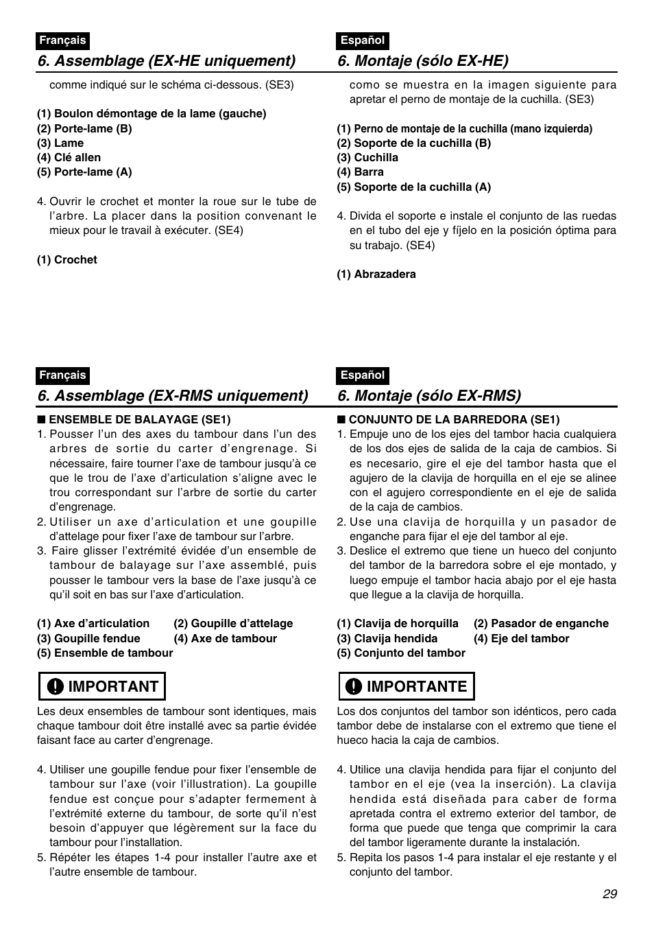 Important, Importante | Zenoah EXZ2401S User Manual | Page 29 / 112