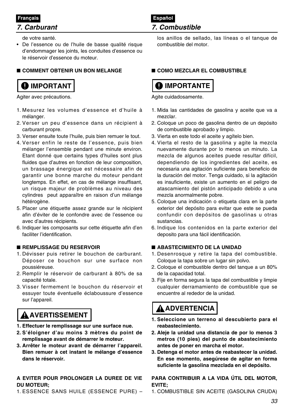 Avertissement important, Advertencia importante 7. carburant 7. combustible | Zenoah EXZ2401S User Manual | Page 33 / 112