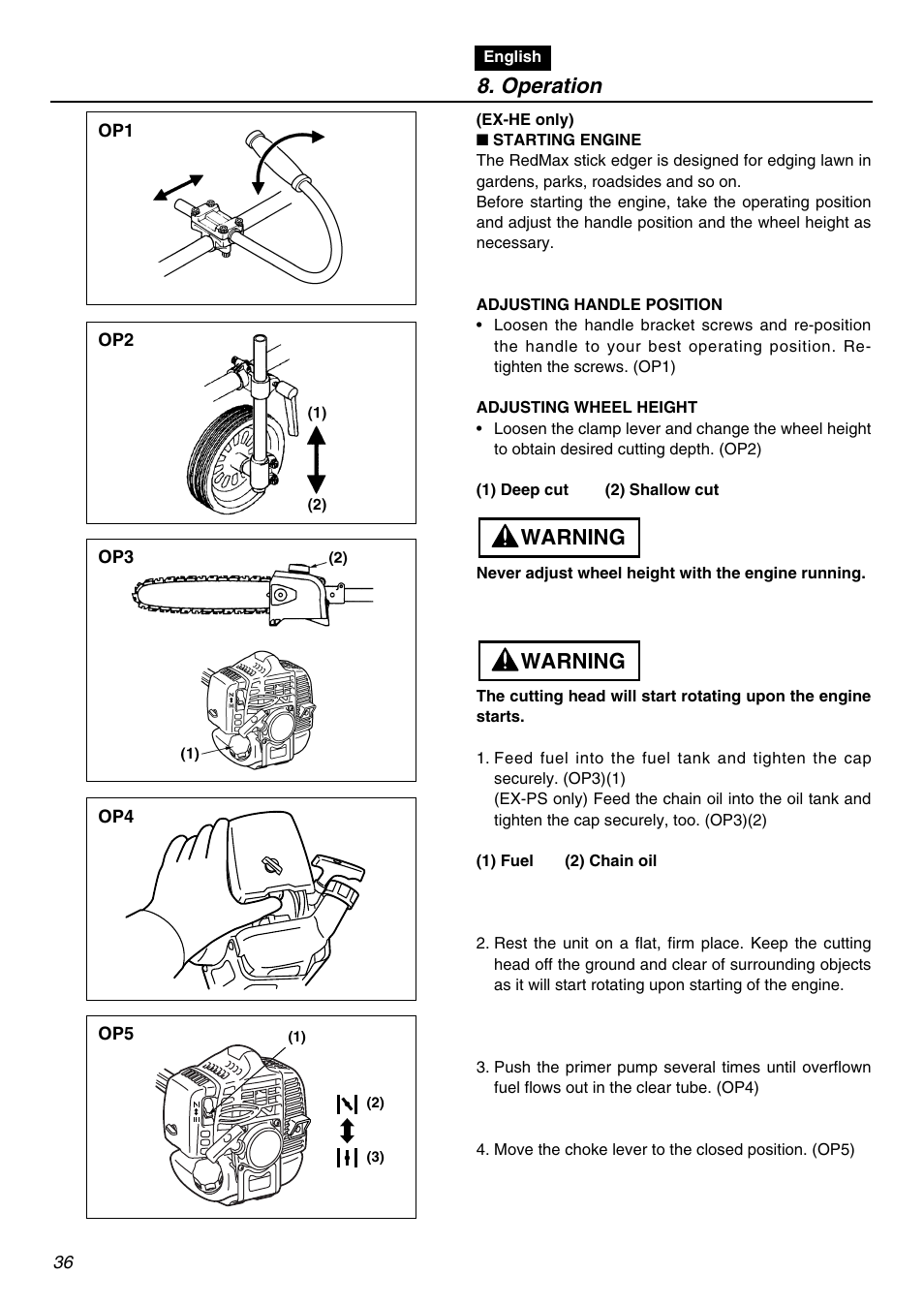 Operation, Warning | Zenoah EXZ2401S User Manual | Page 36 / 112