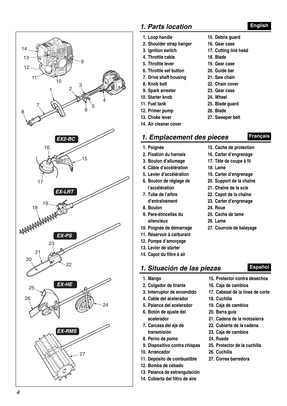 Parts location 1. situación de las piezas, Emplacement des pieces | Zenoah EXZ2401S User Manual | Page 4 / 112