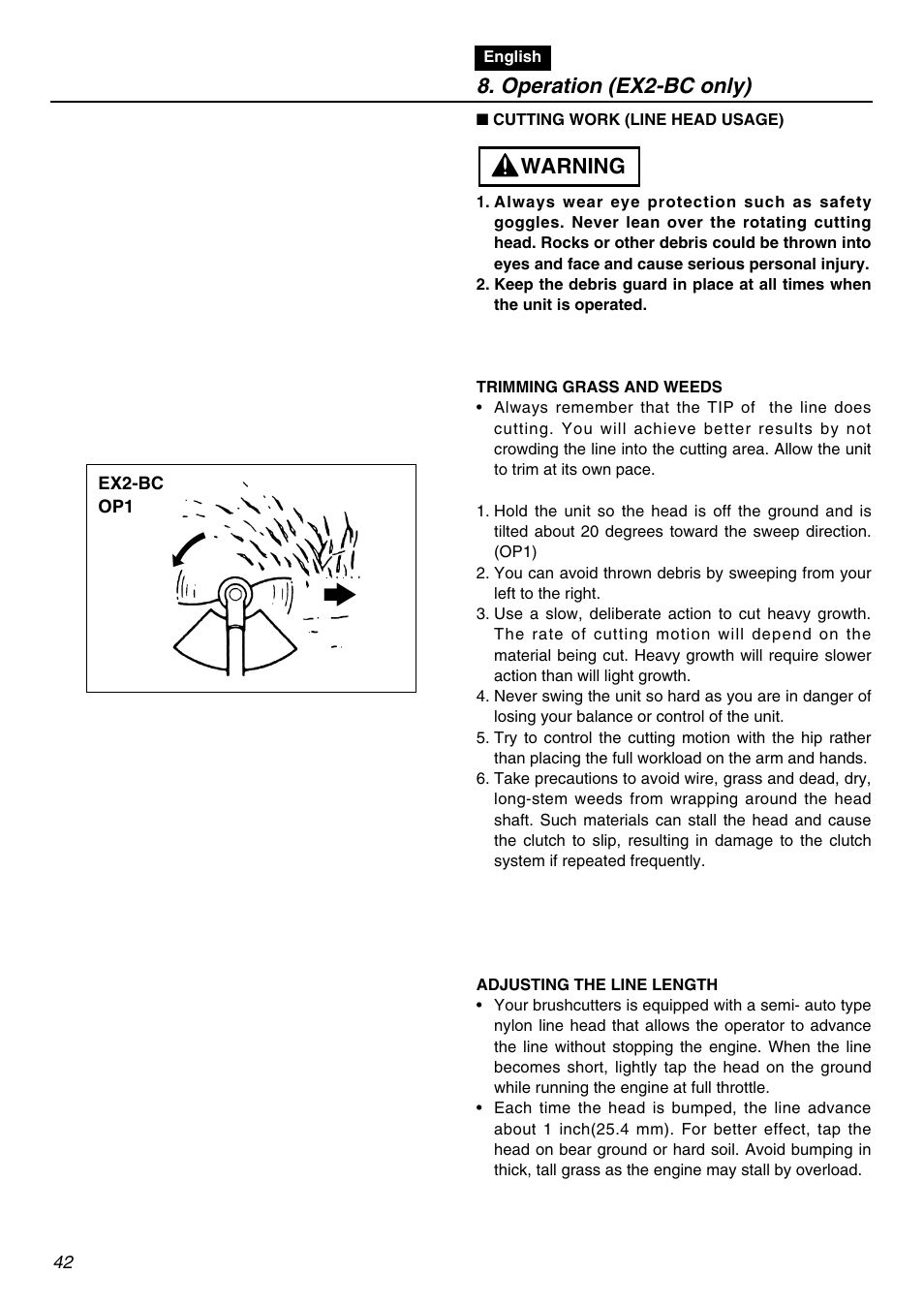 Operation (ex2-bc only), Warning | Zenoah EXZ2401S User Manual | Page 42 / 112