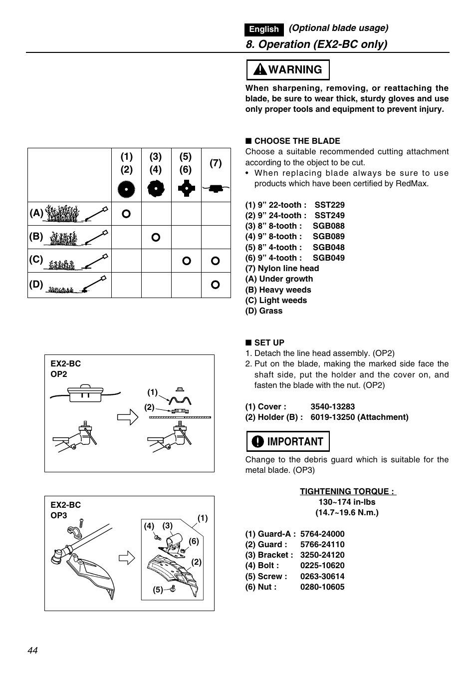 Operation (ex2-bc only), Important warning | Zenoah EXZ2401S User Manual | Page 44 / 112