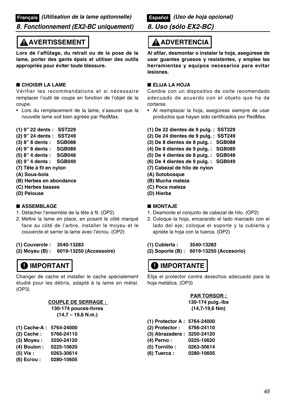 Important avertissement | Zenoah EXZ2401S User Manual | Page 45 / 112