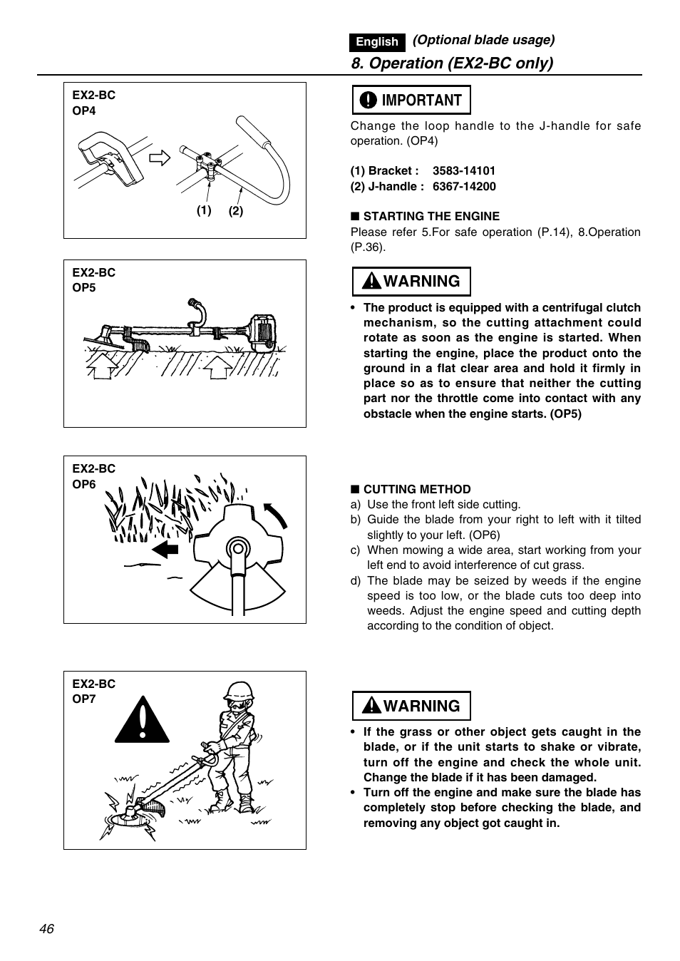 Warning, Warning important, Operation (ex2-bc only) | Zenoah EXZ2401S User Manual | Page 46 / 112