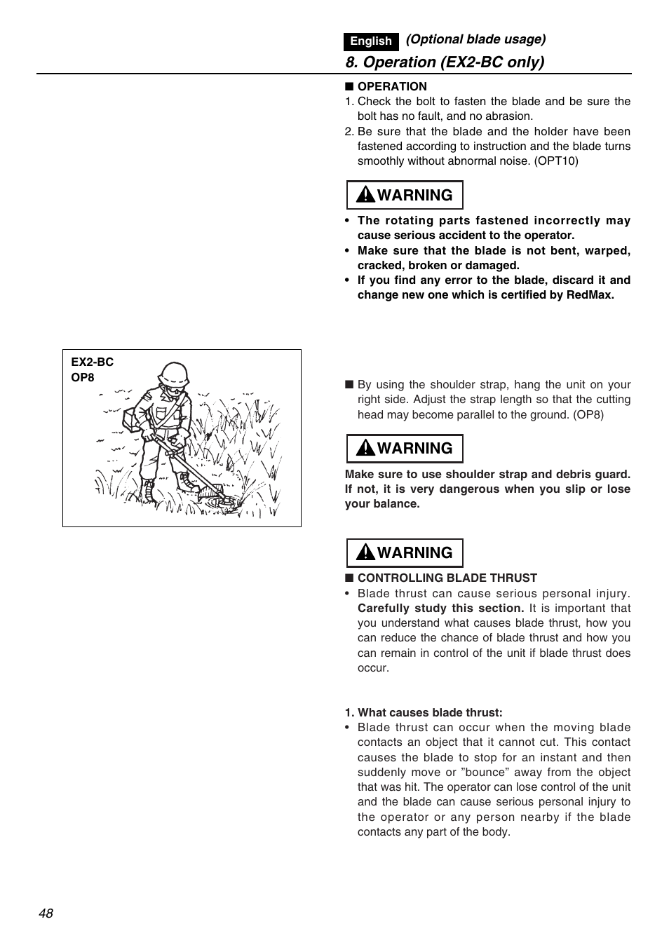 Warning, Operation (ex2-bc only) | Zenoah EXZ2401S User Manual | Page 48 / 112