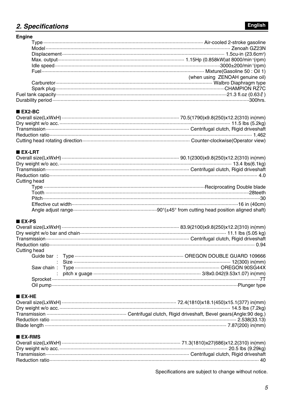 Specifications | Zenoah EXZ2401S User Manual | Page 5 / 112