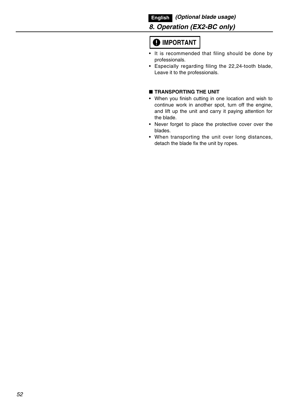 Important 8. operation (ex2-bc only) | Zenoah EXZ2401S User Manual | Page 52 / 112