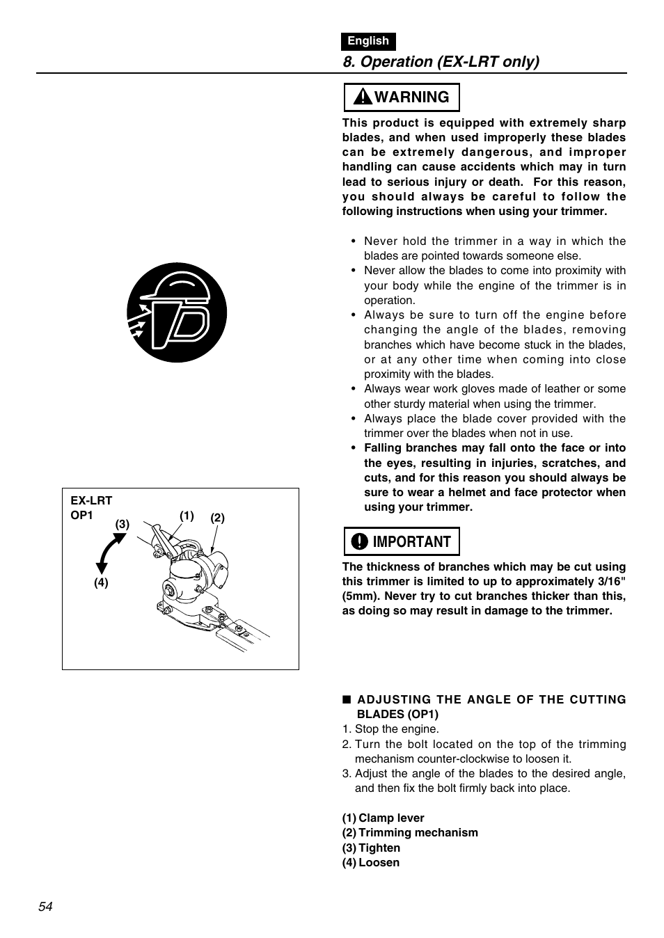 Operation (ex-lrt only), Important warning | Zenoah EXZ2401S User Manual | Page 54 / 112