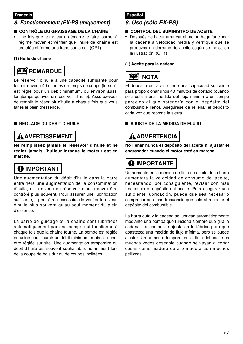 Importante advertencia nota | Zenoah EXZ2401S User Manual | Page 57 / 112