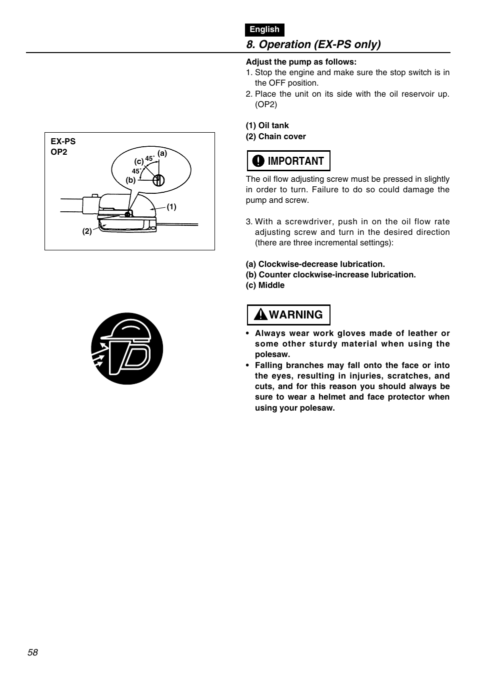 Operation (ex-ps only), Warning important | Zenoah EXZ2401S User Manual | Page 58 / 112