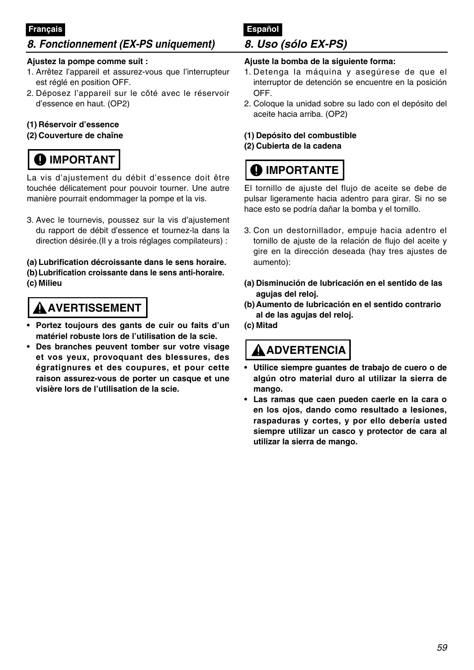 Advertencia importante | Zenoah EXZ2401S User Manual | Page 59 / 112